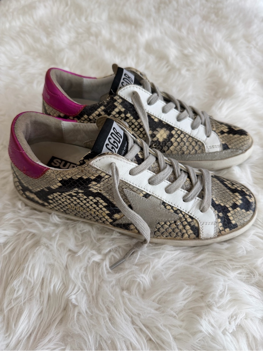 Golden Goose Super Star Low-Top Snake Print Sneakers with Pink Heel size 37 US 7